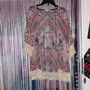 Jolt Multicolor Patterned Blouse with Lace Trim